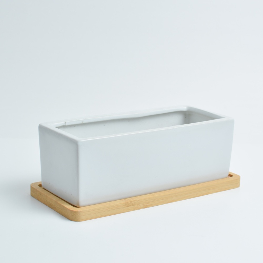 Modern White Planter with Wooden Base